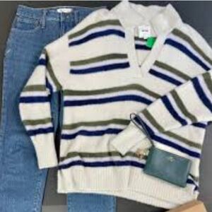 Nwt Aerie Navy Stripes Oversized Henle Neckline Sweater Sz Medium
